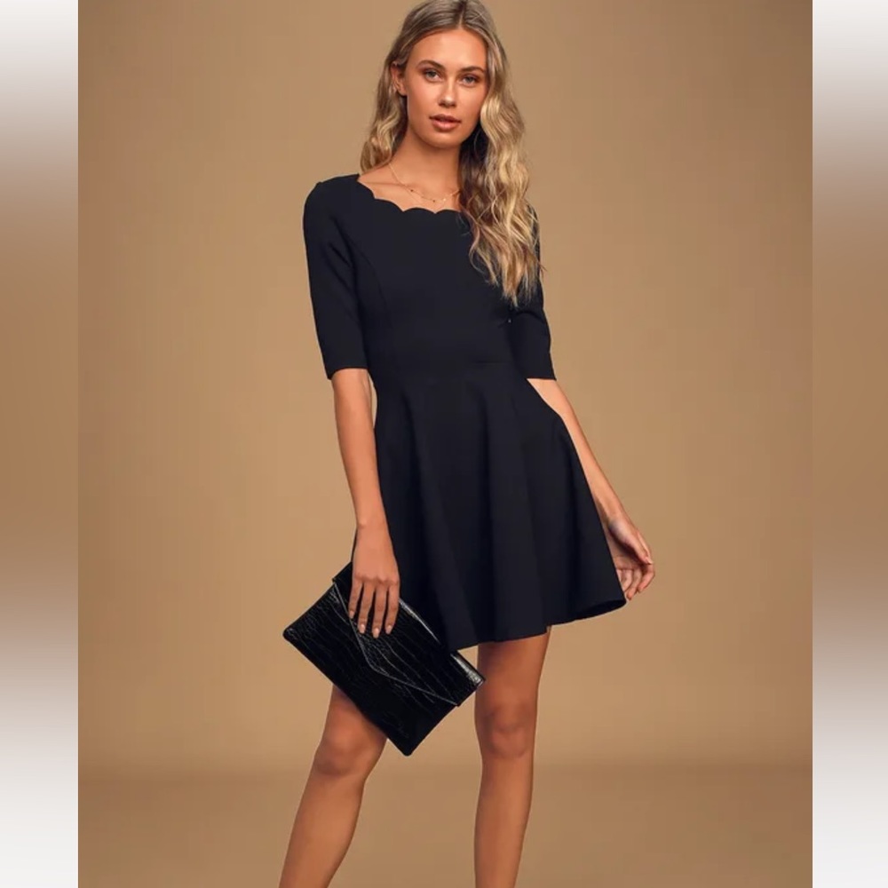 Tip the Scallops Black Scalloped Skater Dress - S